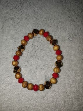 Red and Wood Beaded Stretch Bracelet - Handmade Jewelry